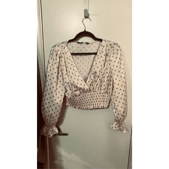 ZARA PURPLE POLKA DOT LONG SLEEVE CROP TOP SIZE L - Picture 1 of 10